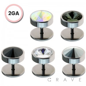 316L SURGICAL STEEL 2GA STEEL FAKE PLUG WITH SWAROVSKI GEM STONE